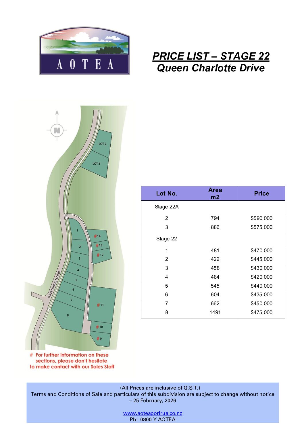 Aotea Stage 22 Price List February 2026